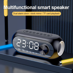 NEWMSNR Wireless Bluetooth Speaker Digital Mirror Alarm Clock with Dual Alarms FM Radio LED Night Light TF Card AUX Input Microphone Hands Free Calls Rechargeable 1400mAh Battery Portable Music Player for Bedroom Bedside Desk Home Office Dorm Room