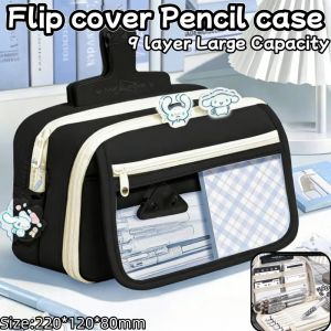 Flip Cover Pencil Case Large Capacity DIY 9 Layer Waterproof Pencil Holder Stationery Supplies