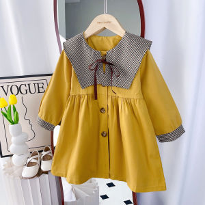 Bear Leader Girls Autumn Coat New Girls Small Tie Plaid Lapel Trench Coat Baby Casual Top 2-7 Years Old Girls Coat