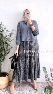 ZAVIKA One Set Rok Wanita Muslim Terbaru Baju Polo Linen dan Roknya Bahan Rayon Plisket Premium Busui Mewah Innara