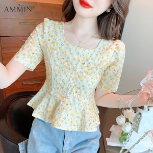 AMMIN 2022ใหม่เอวบางพิมพ์สแควร์คอแขนสั้นเด็กเสื้อสไตล์เกาหลีพร็อพสั้นสำนักงานดอกไม้ชีฟองด้านบนเสื้อลำลอง
