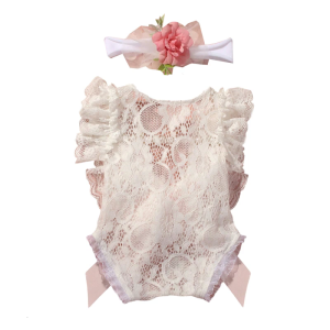 Newborns Lace Bodysuit with Bowknot Headband Set for First Photos and Event Lovely Girls Dress and Stylish Headwear