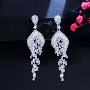 SEQUITO High Grade Women White Gold Color Banquet Jewelry Paved Srtting Dazzling AAA Cubic Zirconia Stones Super Long Drop Dangle Tassel Earrings for Dress Accessories SE807