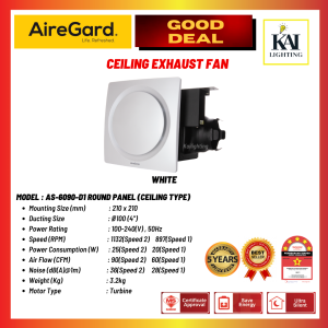 Airegard AS6090 D2 - 4" Exhaust Fan Ventilator [Silent Series] Square Panel Cover / Air Ventilation Exhaust Fan/Bathroom