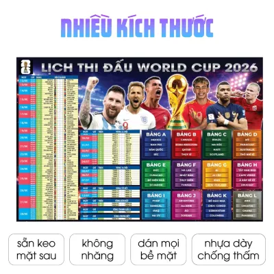 HÀNG CAO CẤP Lịch thi đấu World Cup 2026 tích hợp sẵn keo mặt sau chất liệu nhựa PP cao cấp dày không nhăng