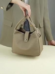 Top Grain Leather Bucket Handbag Minimalist Unique Soft Cowhide Tote Bag Handheld Shoulder Crossbody Commute Womens Bag