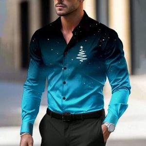 ZEEMIN Christmas Mens Shirt Christmas Tree 3d Print Shirts Autumn Long Sleeve Lapel Button Tops Micro Elastic Oversized Shirts For Men
