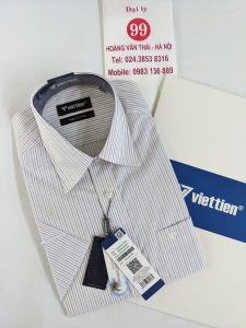 [Việt Tiến Sale] Sơ Mi Ngắn Tay - Regular (Suông) - Vạt Bầu - Kẻ sọc be nền trắng - size 37 (lẻ size)