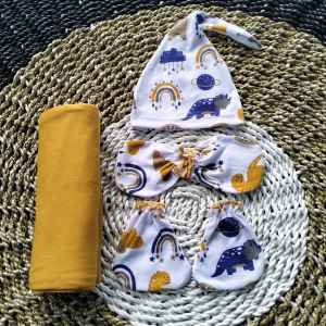 Well Baby Paket Hemat 4in1 Bedong Kupluk Sartaki Bayi Baru Lahir Seri Kunyit