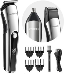 PRITECH Cordless Beard Trimmer for Men 3 in 1 Mens Grooming Kit IPX6 Waterproof Rechargeable Nose & Ear Trimmer Foil Shaver Stainless Steel Blades LED Display for Face Head & Body