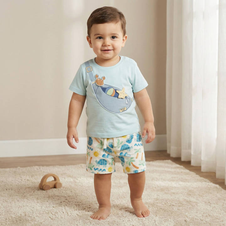 Babyshop Baju Anak Laki-laki Set of 3 Juniors Crew Neck Short Sleeves T-shirt and Shorts Set with Print