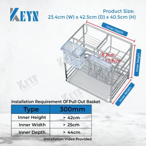 KEYN 304 Stainless Steel 300mm/350mm/400mm Multi-function Kitchen Cabinet Pull Out Basket With Knife and Cutlery Holder