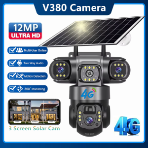 V380 4G Năng Lượng Mặt Trời Máy Ảnh ba thấu kính HD 12MP 6K Ngoài Trời CCTV Không Thấm Nước nhìn trong đêm Hai-Cách Máy Ảnh Di Động Theo Dõi IP Máy Ảnh