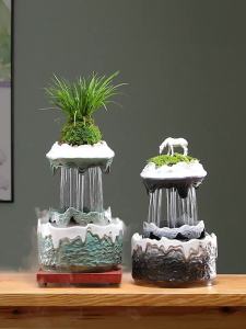 Creative Ceramic Flowing Water Ornament Set Workstation Wealth-Attracting Decoration Indoor Living Room Desktop Humidifier Housewarming Gift