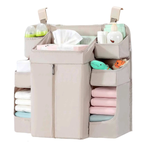 Baby Crib Hanging Organizers 6 Compartments Large Zippered Pocket Durable Fabric Nursery Storage Solution