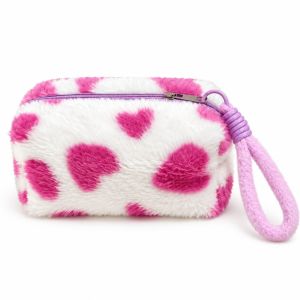 FLYING 1Pc Fluffy Plush Makeup Bag Heart Print Large Capacity Cosmetic Pouch Durable Makeup Pouch Women Girls