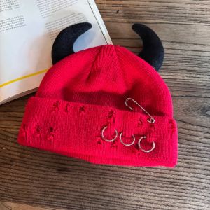 ZENO Warm Winter Knitted Beanie Pin Decoration With Devil Horns Distressed Skull Cap Funny Yarn Hat Men Women