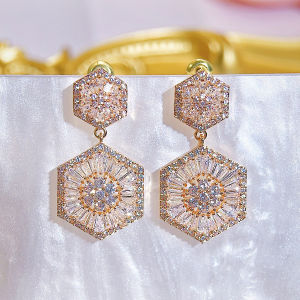 Sequito tinh tế phụ nữ trang sức tai mạ vàng Pave thiết lập sáng bóng aaaaa đá Cubic Zirconia hình lục giác Bông tai thả dài cho Đảng se954