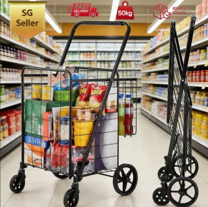 98L Foldable Grocery Shopping Cart Heavy Duty Trolley with Rear Basket Large Utility Trolley 360° Wheels