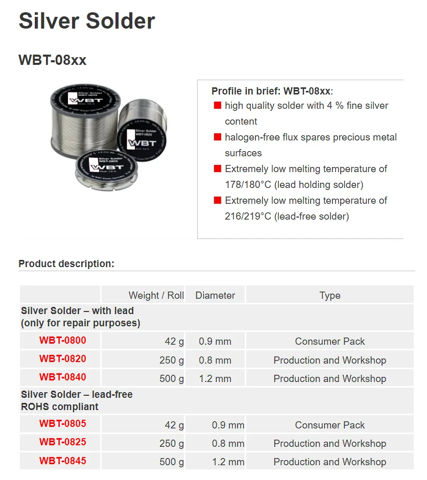 ตะกั่วเงิน WBT 0800 Silver Solder 0.9mm Silver 4% ม้วนเล็ก 42g  ของแท้สินค้าจากศูนย์ประเทศไทยครับ