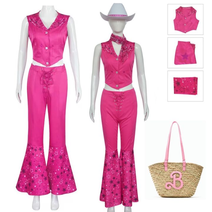 Pink Cowgirl Costume for Women,70 80s Hippie Disco Costume for Adult  Halloween Cosplay,Margot Robbie Cowgirl Outfit