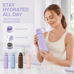 BINGY 740ml Sports Thermos Bottle Large Capacity Stainless Steel Portable Vacuum Flask Hot Water Bottle Leak Proof Cold Beverages Mug Coffee Tea