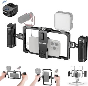 NEEWER Universal Phone Cage Video Rig with Bluetooth Shutter Side Handle Comfort Grips Smartphone Stabilizer for Video Recording Compatible with iPhone 16 15 Pro Max 15 Pro Galaxy S24 Ultra PA009E