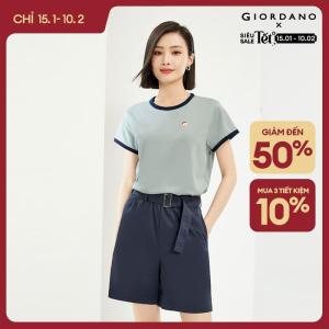 Áo thun nữ T-shirt cổ tròn ngắn tay chất cotton thuận màu tương phản trẻ trung Giordano Free Shipping 05322395