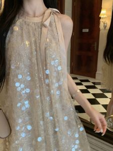 【READYSTOCK】Sequin mesh dress sleeveless bow tie mini dress dinner dress 亮片网纱连衣裙 挂脖连身裙 蝴蝶结吊带裙 晚宴裙 派对