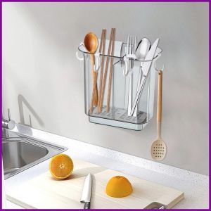 Cutlery Holder/ Wall Mounted Divided Drainage Chopstick Cage/ Rectangular Plastic Spoon Fork Knife Holder