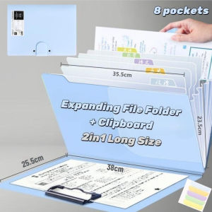 2In1 Expanding File Folder With Clipboard Paper Organizer 8 Pockets A4/Long Size School Supplies 38x48.5cm