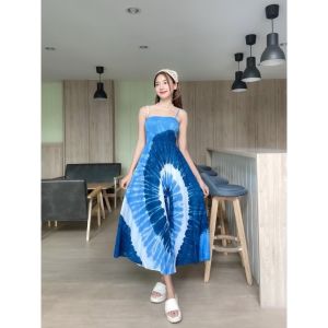 เดรสสายเดี่ยว เดรสสม็อคปรับสายได้ ผ้าสปัน มัดย้อมคราม คาเฟ่ ทะเล ชิวๆ