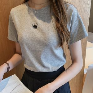 Womens 2024 New Casual Korean Slim Embroidered Round Neck Short Sleeve T-Shirt Base Top