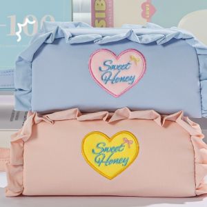 MANKA Y2k Print Ruffle Embroidery Pencil Case Ruffle Love Heart/Flower Pencil Pouch Fashion Stationery Korean Style Pen Bag Stationery Supplies