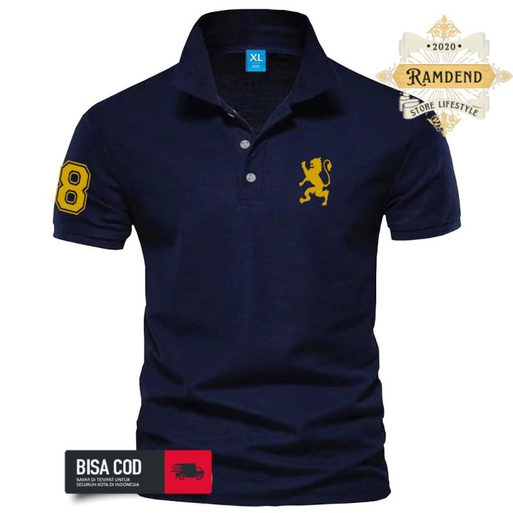 Baju Kaos Polo Shirt Giordano Lion Text Gold Premium Pria Wanita