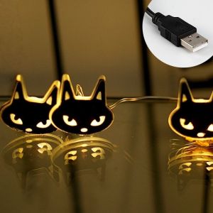 TEWUB 20/50 Lights Halloween String Lights USB Charging Luminous Pumpkin Lights House Decor Black Cat Bat Decor Halloween Party