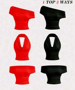 EEEo Elegant Red V-Neck Halter Neckline Camisole Top - Round Neck Sleeveless Solid Color
