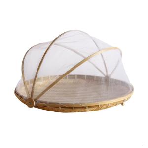 Handmade Bamboo Woven Vegetable Basket with Mosquito Bug Proof Net Round