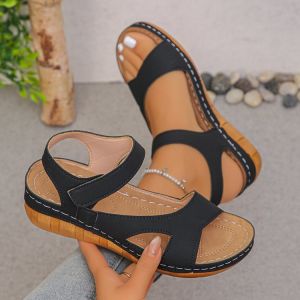 [Free Shipping] New Style Wedge Heel Platform Sandals For Women Available In Large Sizes With A Single Strap Open-Toe Design And Velcro Closure Perfect For The Beach
