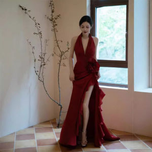 Female Prom Gown Pure Color 3D Flower Dresses Hanging Neck Bridal Wedding Toast Dress Split Evening Dress For Women