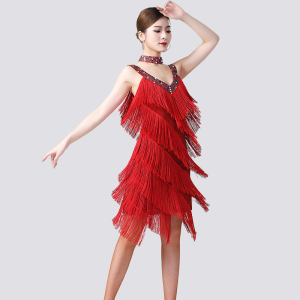 Đầm Khiêu Vũ Latin ĐẦM TUA RUA Đầm Thi Đấu Sân Khấu Đầm Trình Diễn Kim Sa Không Tay Đầm Khiêu Vũ Cổ Chữ V