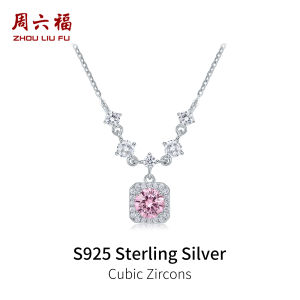 ZHOU LIU FU 周六福 สร้อยคอเงินสเตอร์ลิง S925 Sterling Silver Necklace Cubic Zircons Pendants Necklace Pink Square Design Jewelry Gift for Women Mom Birthday J0614124