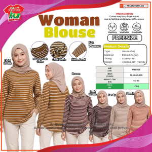 Women’s Blouse Shirt Ribbed Cotton | Round Neck Collar & Ribbed Cuff | Breathable & Washable | Freesize