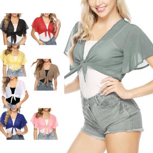 Lightweight Womens Cropped Kimono Cardigans Tie Front Sheer Chiffon Short Sleeve Shrugs Boleros Jackets for Daily Wear