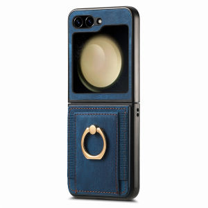Elastic Card Holder Z Flip 5 6 7FE Slim Wallet Case Vintage Leather Cover Ring Stand Samsung Galaxy Z Flip7 FE Casing Anti-Drop Durable Hard PC Protective Phone Case Accessories