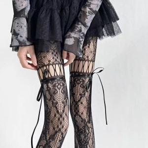 yk2 Lolita-style Ribbon Bow Fishnet Stockings East Asian Japanese Style Hollowed-out Pantyhose Millennial Style Fishnet Tights