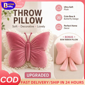 BERMA BABY Butterfly Throw Pillow Pink Velvet Bow Ribbon Lace Plush Decorative Soft Support Sofa Bed