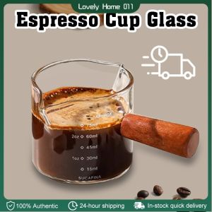 Espresso Cup Glass Measuring Cup Double Mouth Bottle Coffee Share Pot Wooden Handle Glass Small Milk