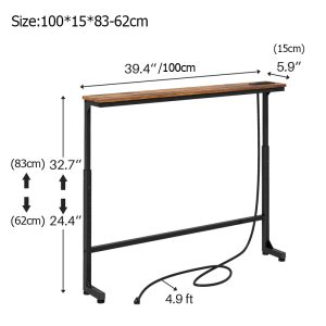 Adjustable Height Narrow Table Bed Side Table Bed Shelf with Charging USB Sofa Side Storage Rack Narrow Rack Console Table Bedside Cabinet Bar Table for Office Living Room Hallway