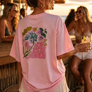 [Local Stock] HBESTY  Floral Graphic Cotton T Shirt with Hand Lettered Text Botanical Illustration You Deserve Flowers Pink Short Sleeves Casual St
